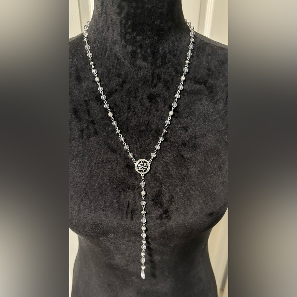 Cato Silvertone Crystal Beaded Lariat Y-Necklace